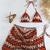 Drawstring Mesh Wrap Skirt Bikini Three-piece Printed Swimsuit